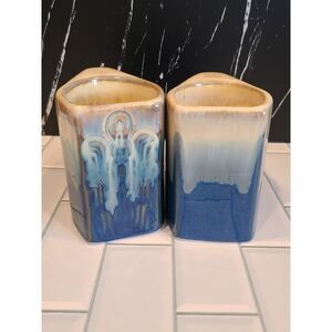 Padilla Set of (2) 4¼" Drip Glazed Blue/Beige Stoneware Mugs Unique Signed EUC